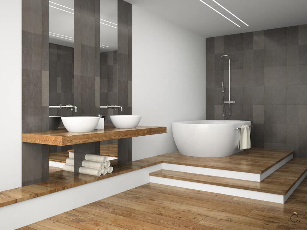 Baño moderno con bañera blanco y madera - Baños modernos