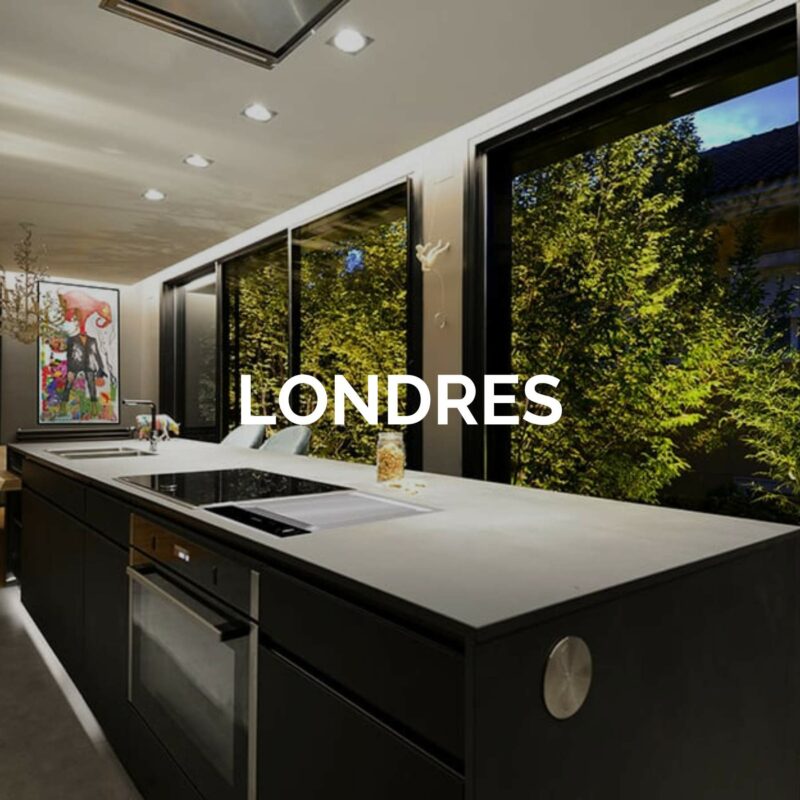 Cocina con isla con tonos oscuros y folding concepta