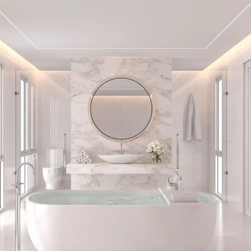 Cuarto de baño elegante con espejo retroiluminado