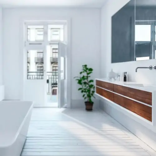 Baño natural con bañera decorativa. Frontales en madera.