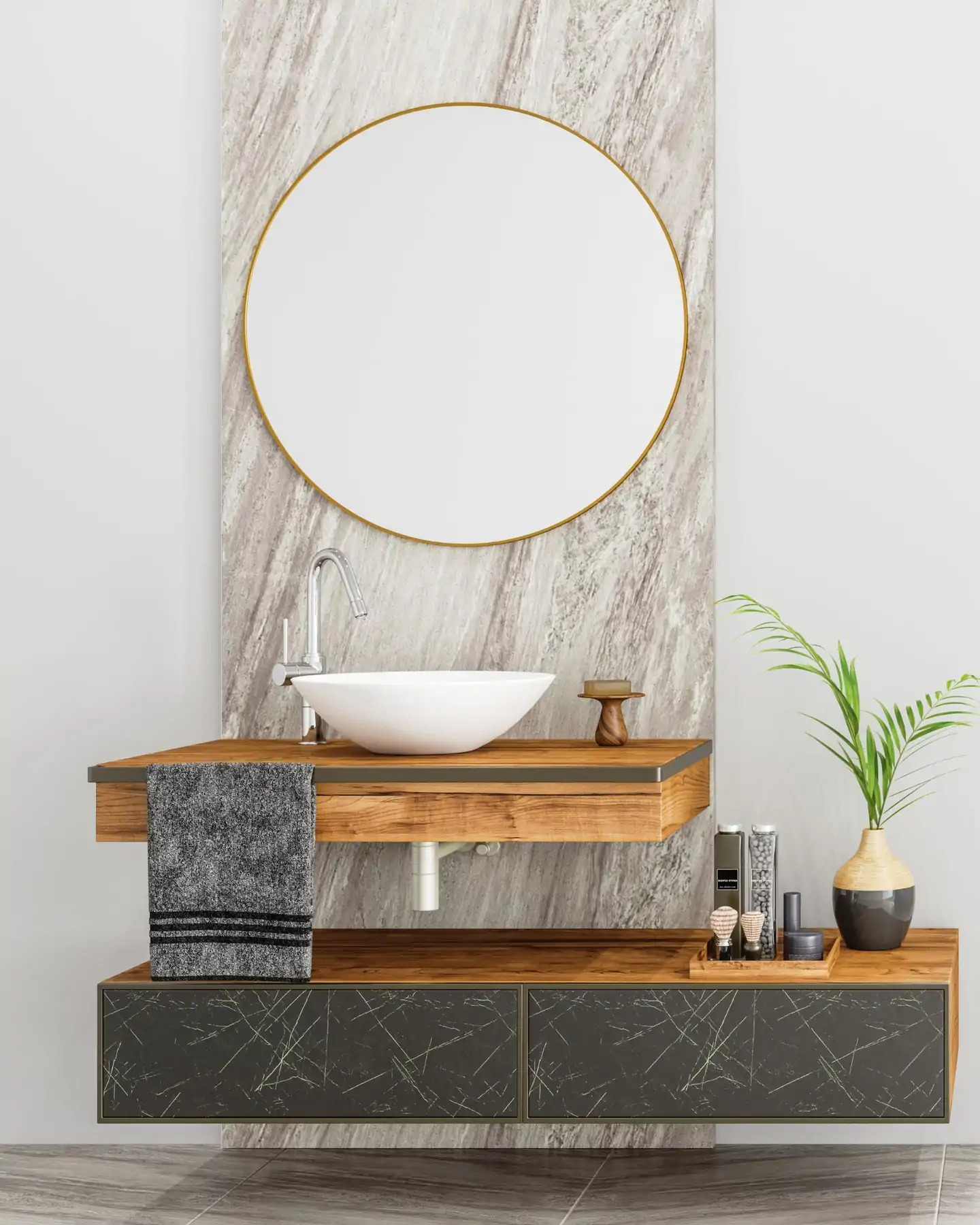 Mueble de baño moderno suspendido – diseño natural con acabados de alta calidad. Mueble de baño moderno suspendido con lavabo blanco, madera y espejo redondo.