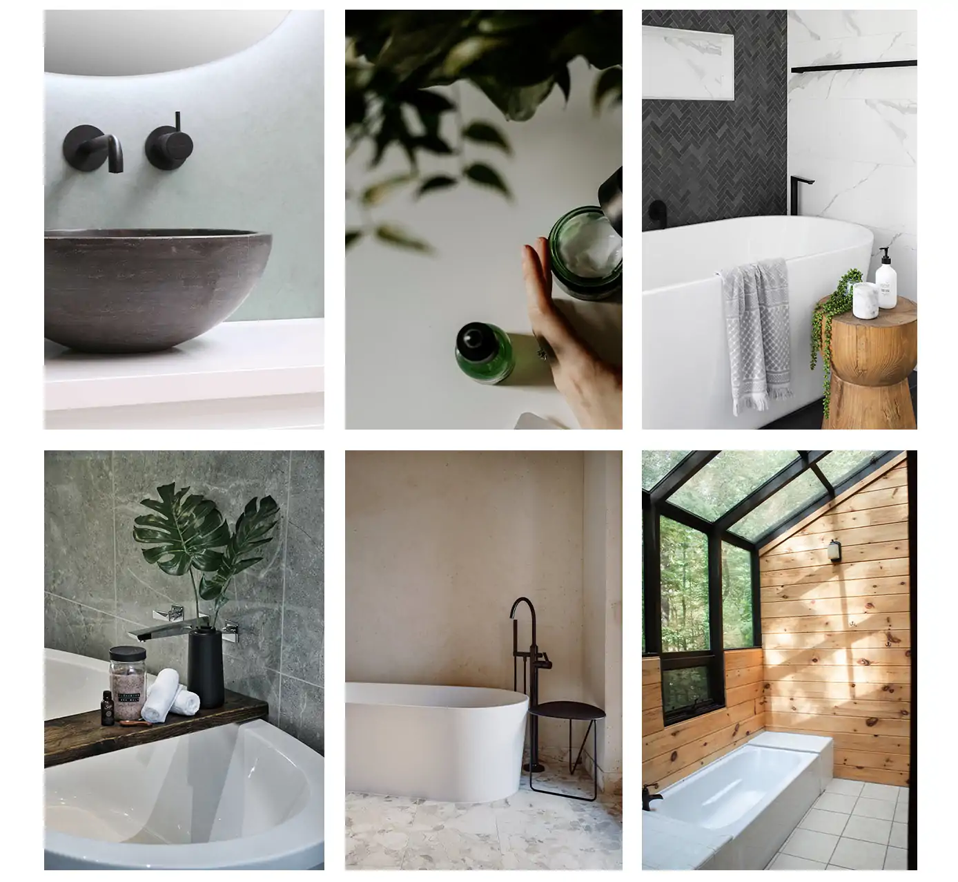 decoracion de muebles de baño de estilo minimalista y zen Collage de baños minimalistas con elementos naturales, bañeras exentas, grifería negra mate y detalles orgánicos en madera, piedra y vegetación.