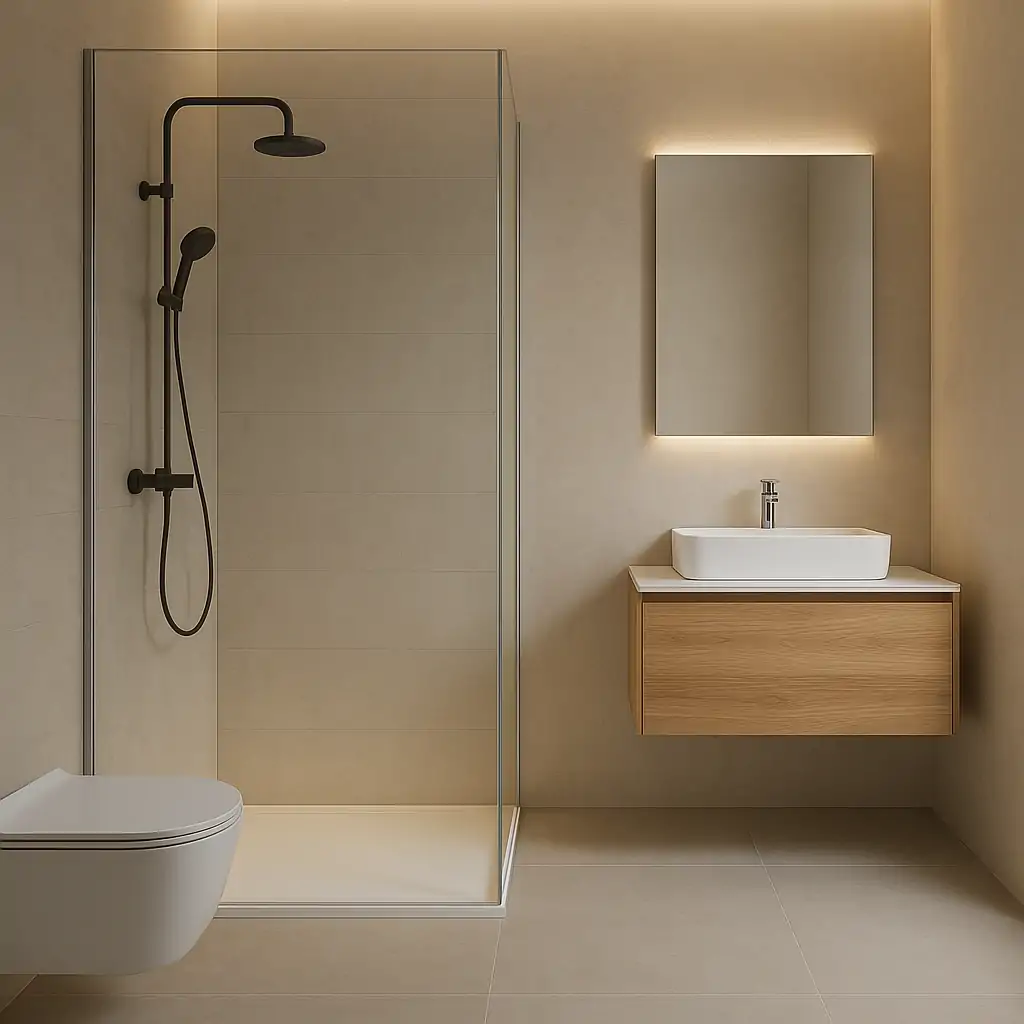 Baño minimalista con mampara e iluminación indirecta cálida.