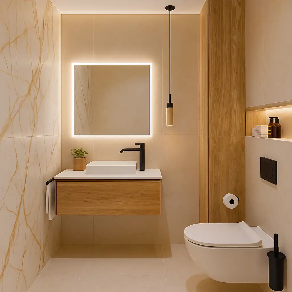 Baño minimalista con piedra de vetas doradas, madera natural y acabados beige.