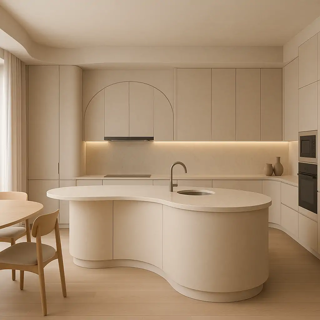 Cocina moderna en 2026 con isla curva, muebles de líneas orgánicas y columna con microondas arriba y horno abajo en tonos beige suaves.