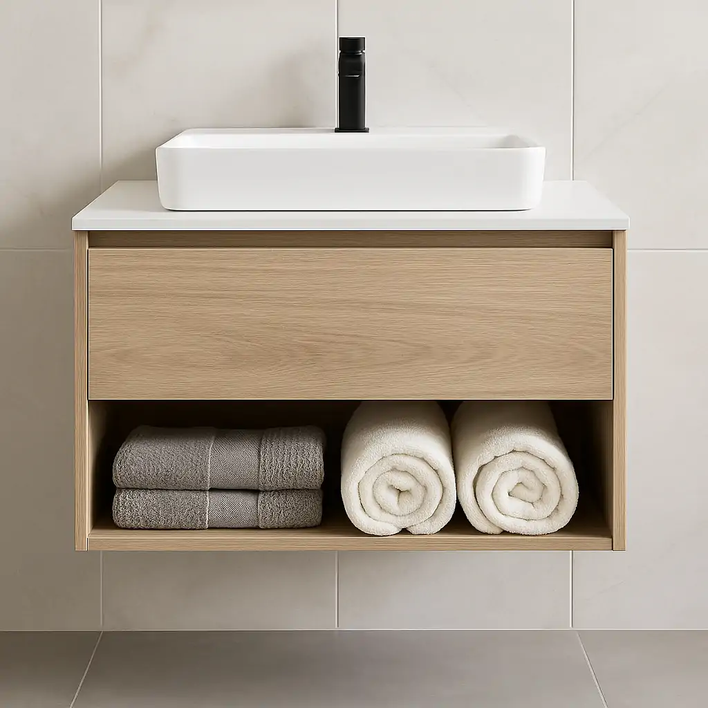 Mueble de lavabo minimalista con toallas perfectamente ordenadas.