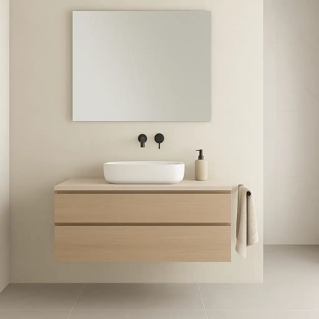Baño minimalista con mobiliario suspendido de madera clara y lavabo sobre encimera.