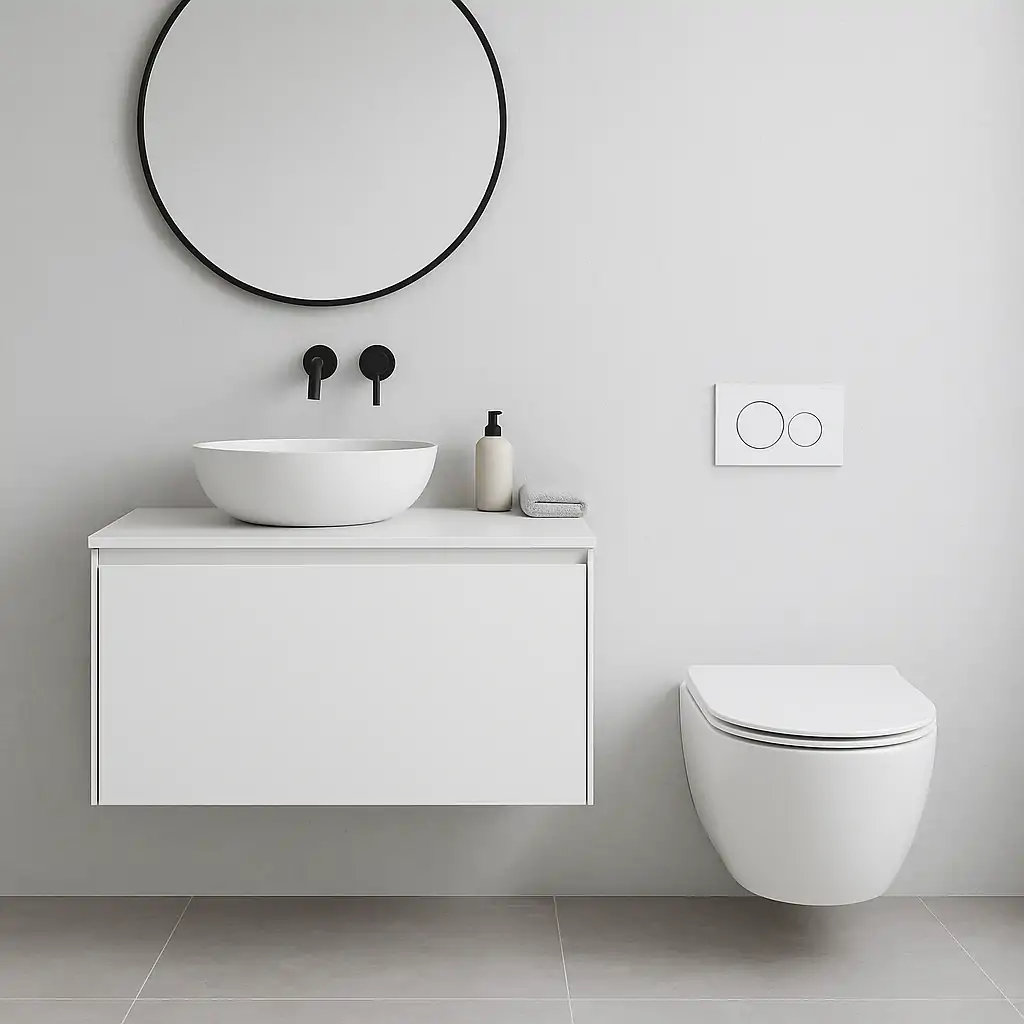 Baño minimalista con plato de ducha y mampara de vidrio transparente.