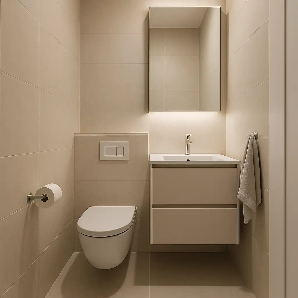 Baños minimalistas de tamaño pequeño con mobiliario oculto y lavabo suspendido.