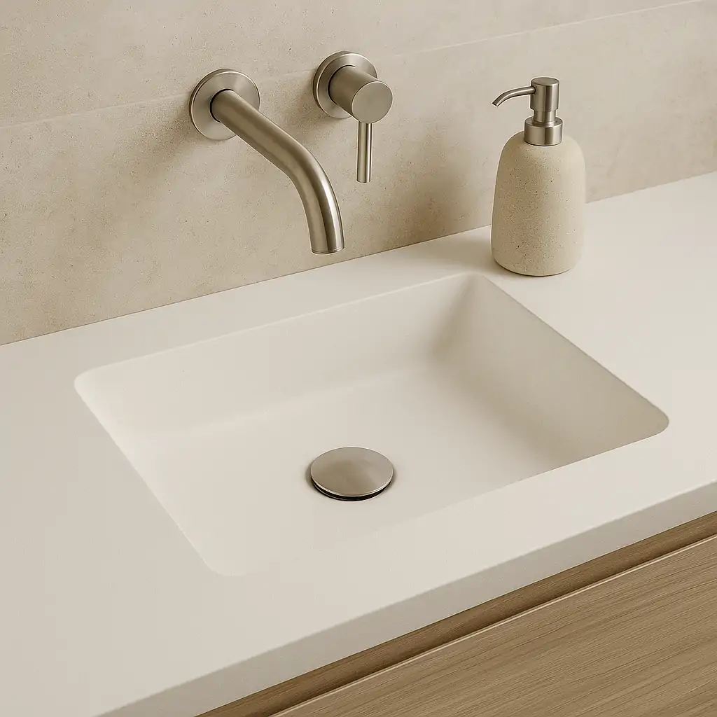 Detalle de lavabo minimalista moderno con grifería plateada y encimera blanca.