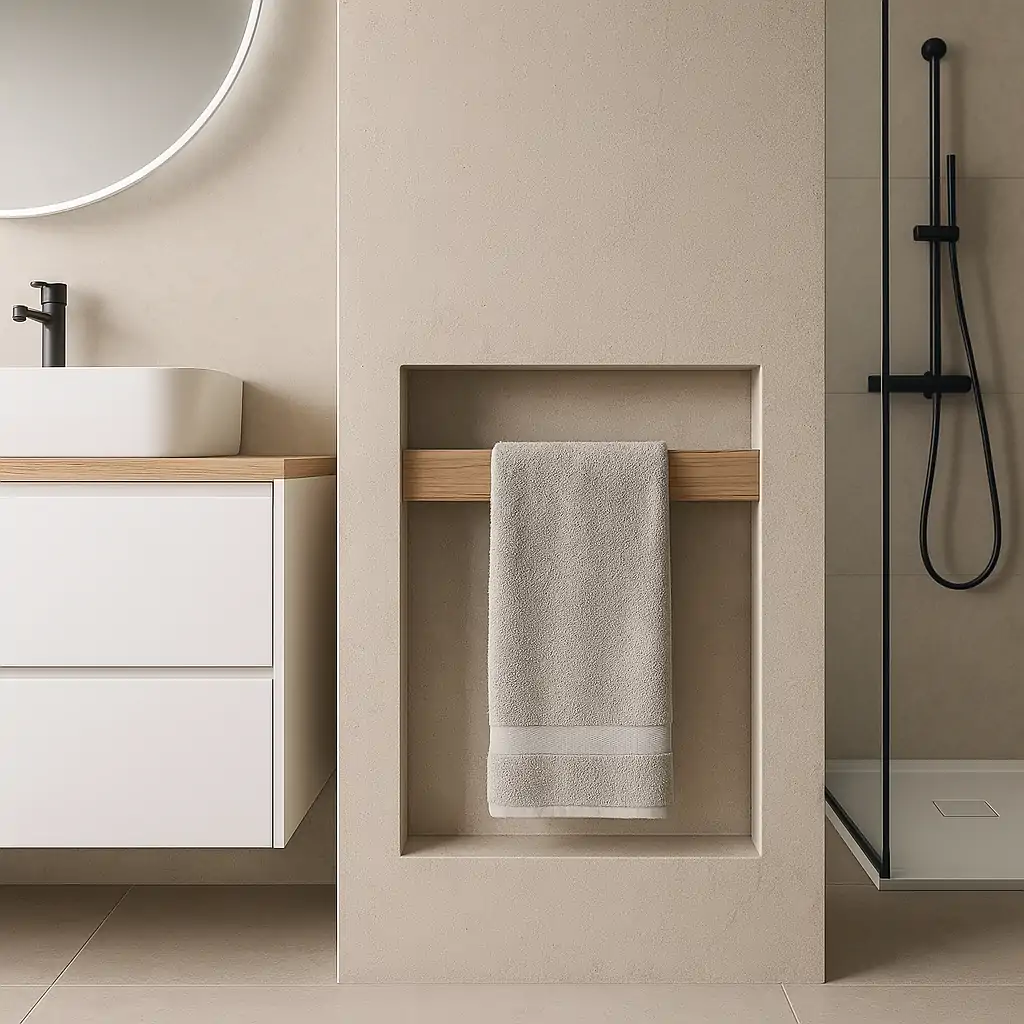 Decoración de baño minimalista con toallero integrado y tonos neutros.