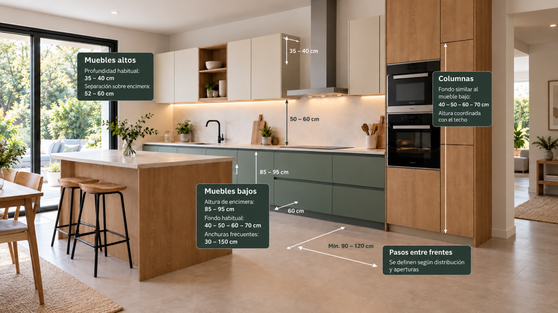 Infografía con medidas orientativas de muebles bajos, altos, columnas y pasos de una cocina